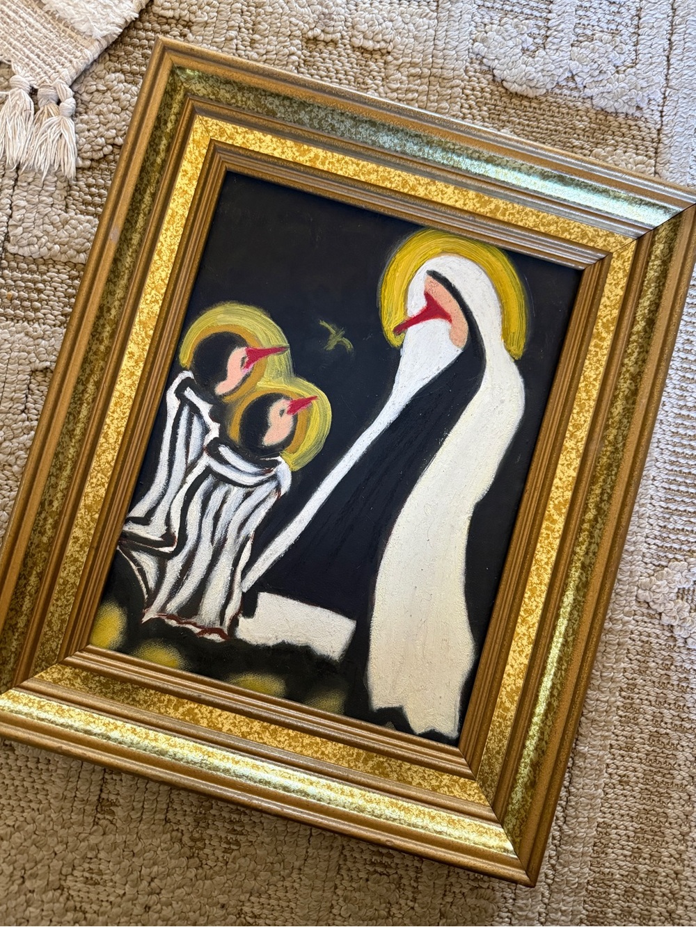 Vintage Framed Religious Folk Art Painting Black, White & Gold frame painting